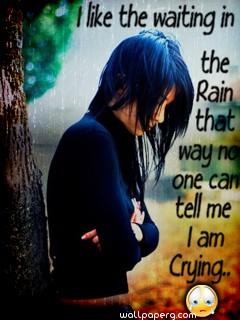 Alone girl hide tear in rain