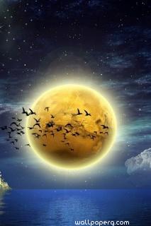 Birds in flight across a giant golden moon