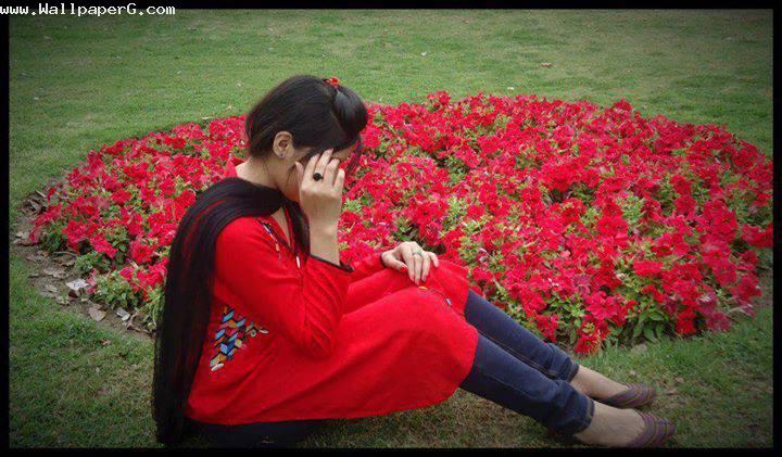 In red in park